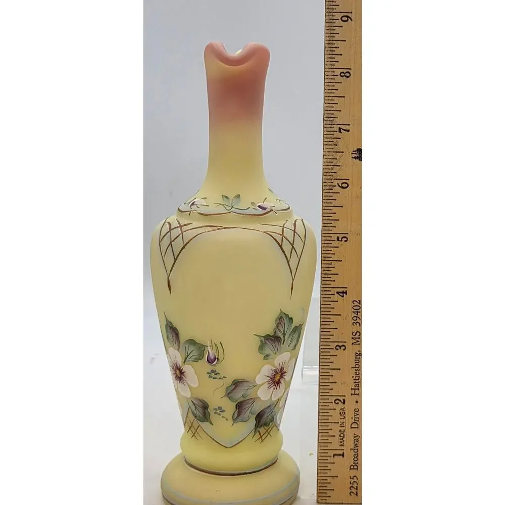 FENTON SATIN BURMESE DECORATED EWER SIGNED NUMBERED GLOWS